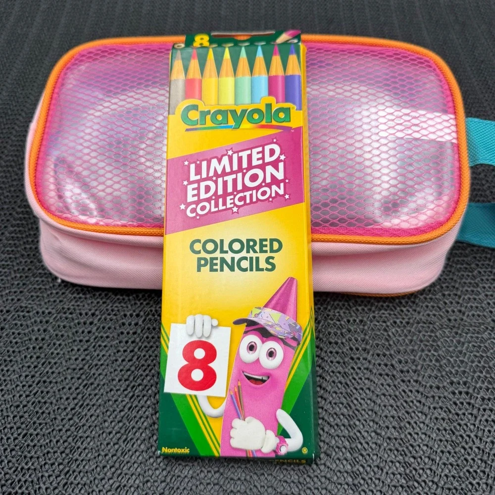 Yoobi Pink Mesh Pencil Pouch with Crayola Limited Edition Retired Colors 8ct